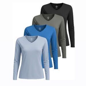 4 Pack: Women's Long Sleeve Dry Fit V-Neck T-Shirt - Active Workout or Casual